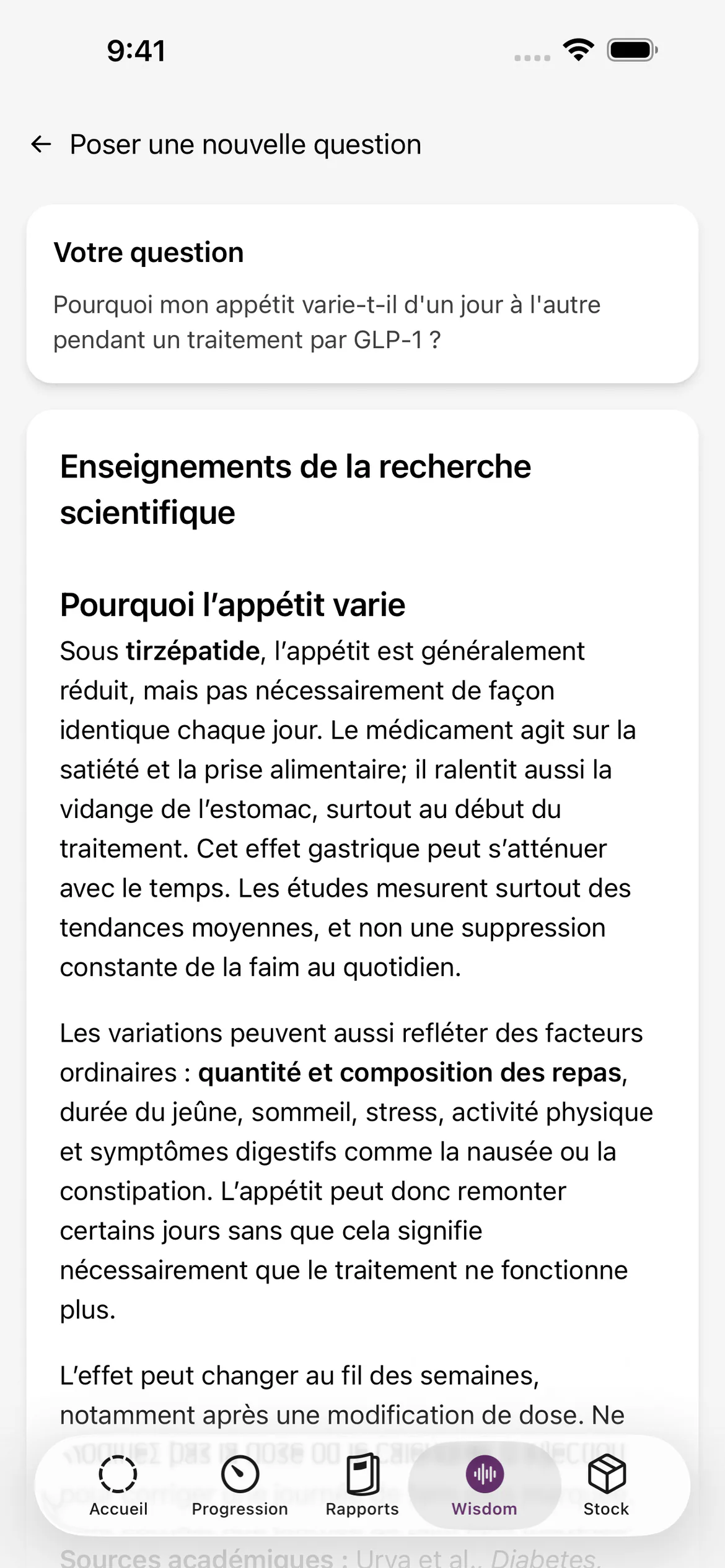 Réponse de Glapp Wisdom à une question sur l'évolution de l'appétit après une injection de GLP-1, avec des citations en lien