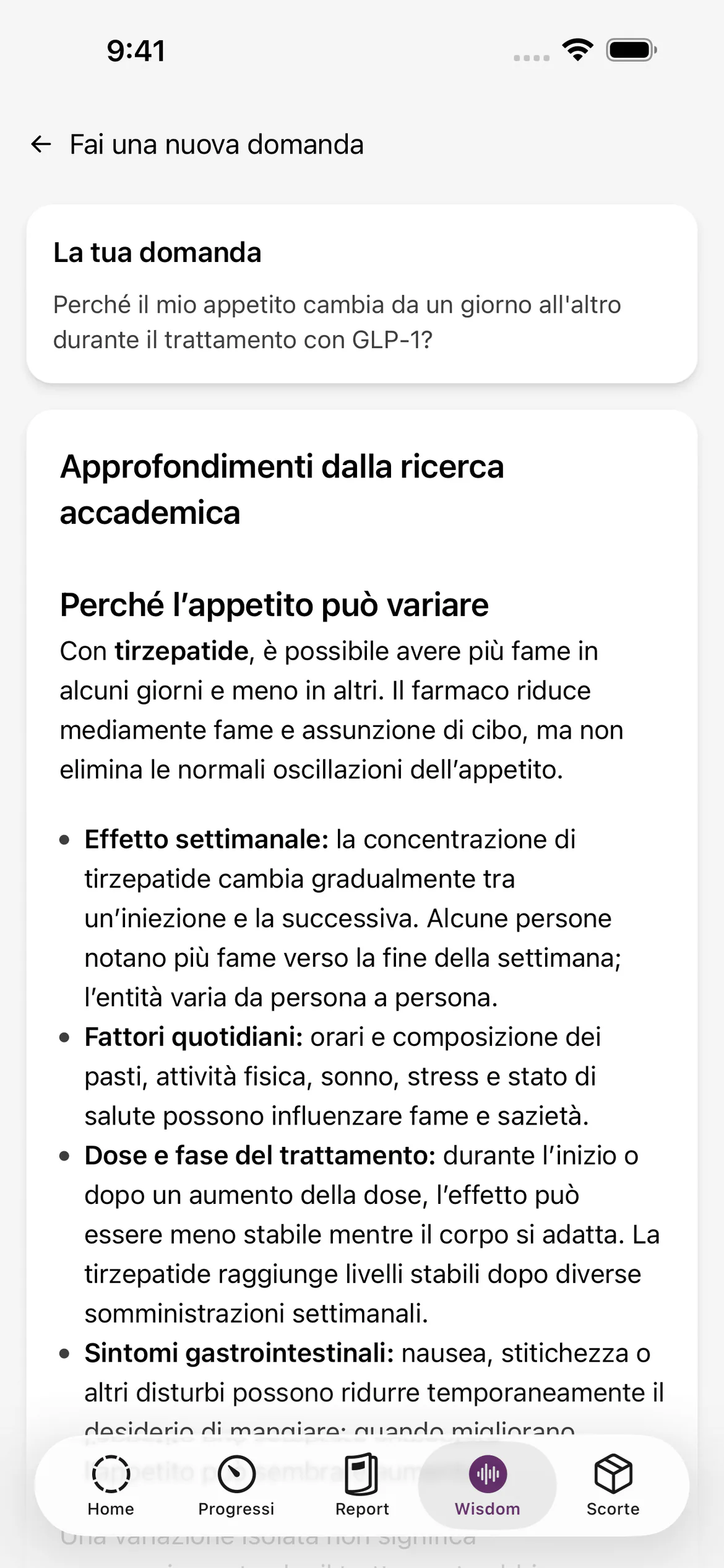 Risposta di Glapp Wisdom a una domanda sui cambiamenti dell'appetito dopo un'iniezione di GLP-1, con citazioni collegate