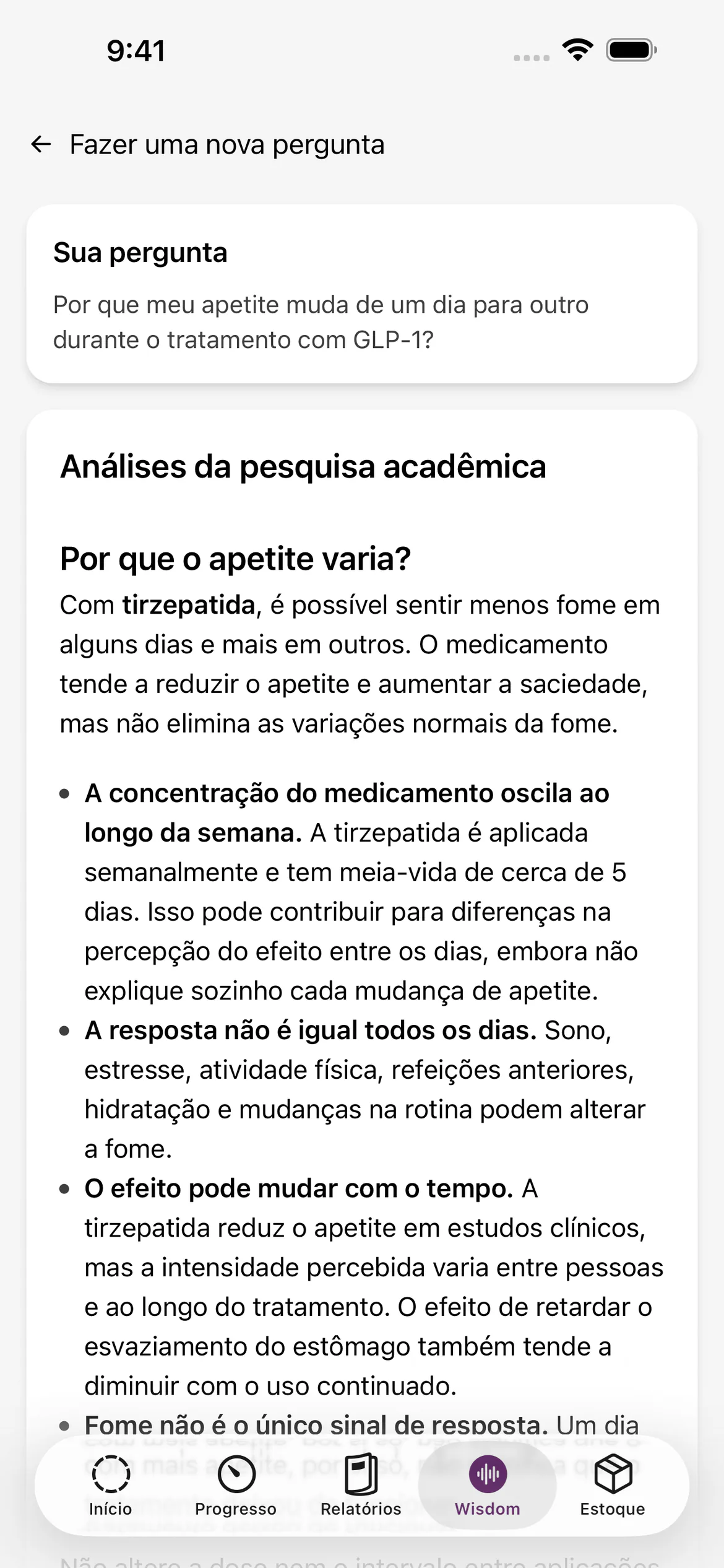 Resposta do Glapp Wisdom a uma pergunta sobre mudanças no apetite após uma aplicação de GLP-1, com citações vinculadas
