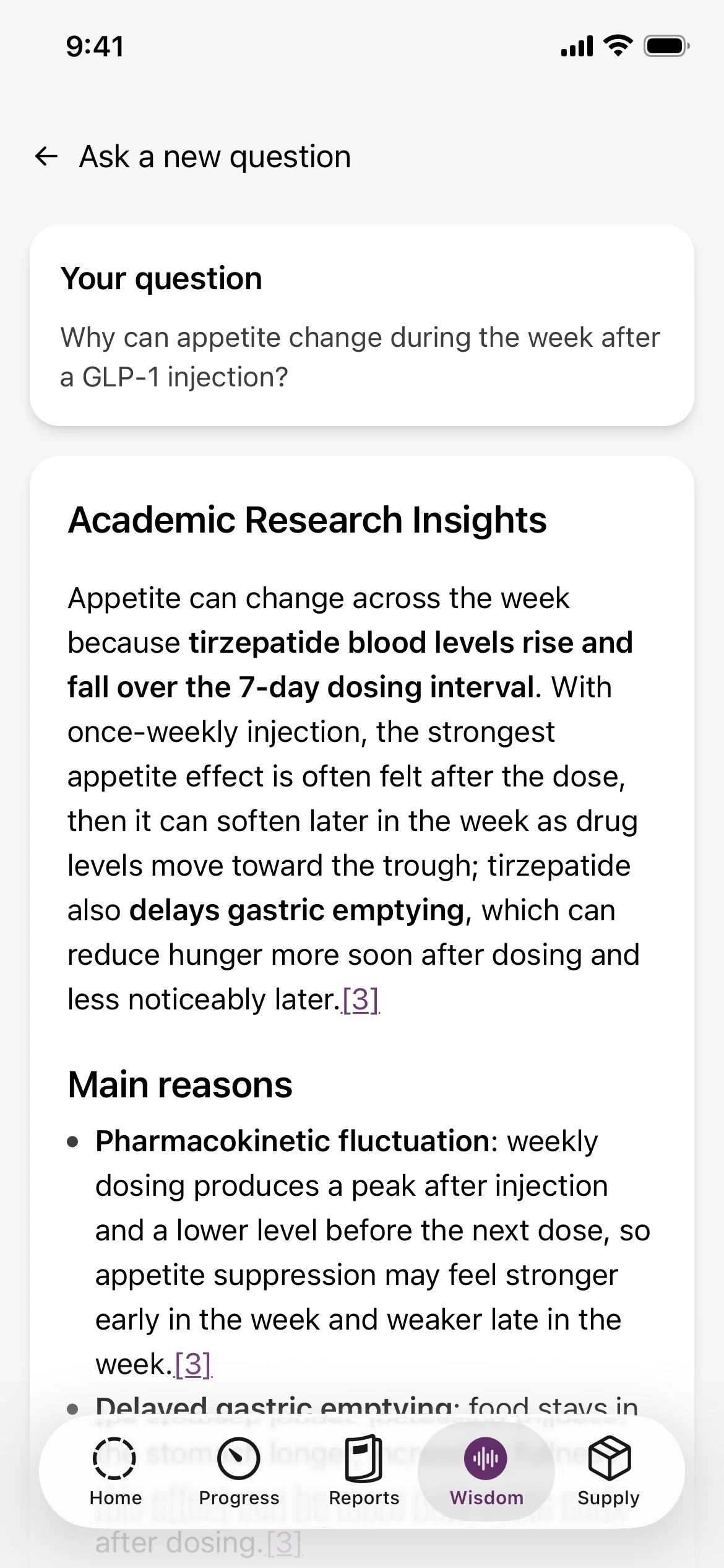 Glapp Wisdom answer to a question about appetite changes after a GLP-1 injection, with linked citations